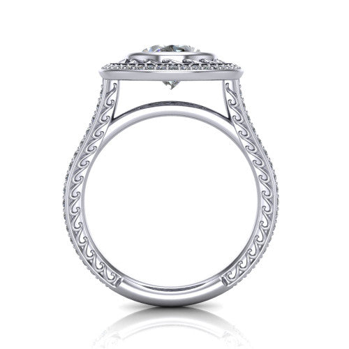 Aniyah oval vintage halo engagement ring in 18K White Gold, through-finger front profile showing the filigree gallery and halo head above the pav&eacute; band