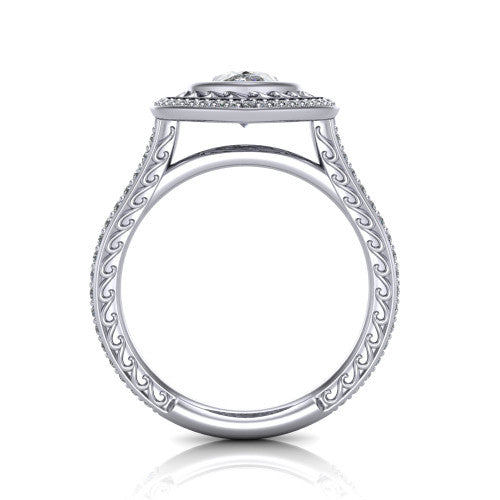 Aniyah pear vintage halo engagement ring in 18K White Gold, through-finger front profile showing the filigree gallery and halo head above the pav&eacute; band