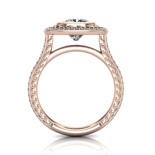 Aniyah cushion vintage halo engagement ring in 14K Rose Gold, through-finger front profile showing the filigree gallery and halo head above the pav&eacute; band