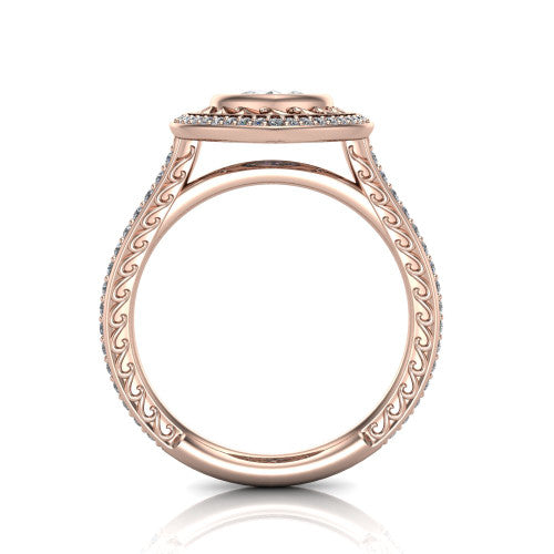 Aniyah marquise vintage halo engagement ring in 14K Rose Gold, through-finger front profile showing the filigree gallery and halo head above the pav&eacute; band