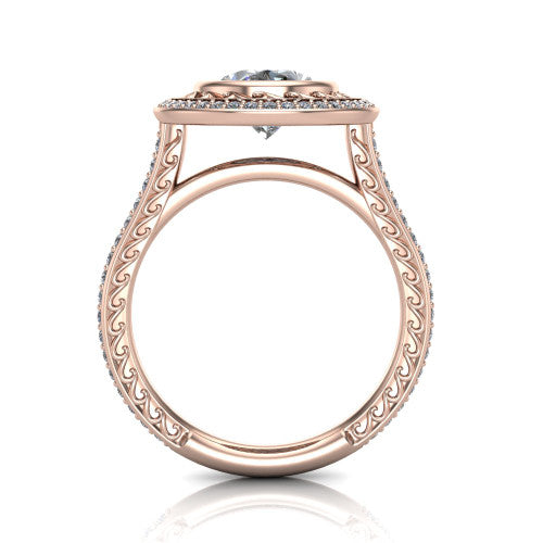 Aniyah oval vintage halo engagement ring in 18K Rose Gold, through-finger front profile showing the filigree gallery and halo head above the pav&eacute; band