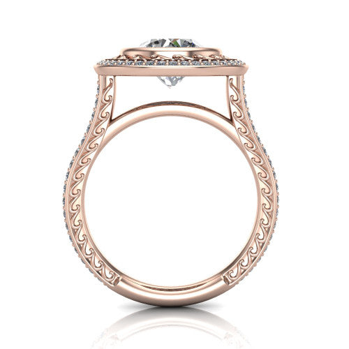 Aniyah round vintage halo engagement ring in 14K Rose Gold, through-finger front profile showing the filigree gallery and halo head above the pav&eacute; band