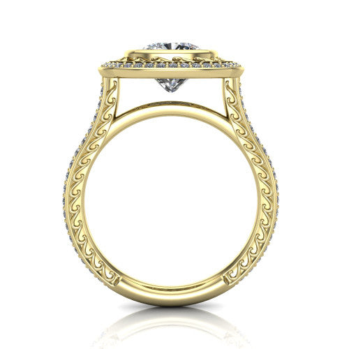 Aniyah cushion vintage halo engagement ring in 18K Yellow Gold, through-finger front profile showing the filigree gallery and halo head above the pav&eacute; band
