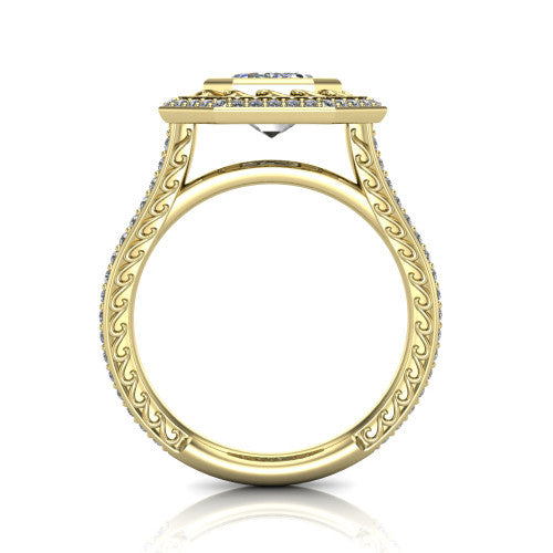 Aniyah emerald vintage halo engagement ring in 14K Yellow Gold, through-finger front profile showing the filigree gallery and halo head above the pav&eacute; band