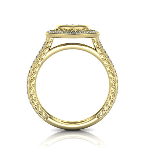 Aniyah marquise vintage halo engagement ring in 18K Yellow Gold, through-finger front profile showing the filigree gallery and halo head above the pav&eacute; band