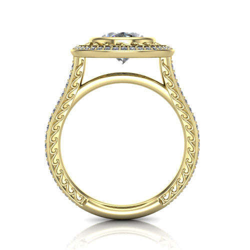 Aniyah oval vintage halo engagement ring in 14K Yellow Gold, through-finger front profile showing the filigree gallery and halo head above the pav&eacute; band