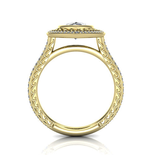 Aniyah pear vintage halo engagement ring in 18K Yellow Gold, through-finger front profile showing the filigree gallery and halo head above the pav&eacute; band