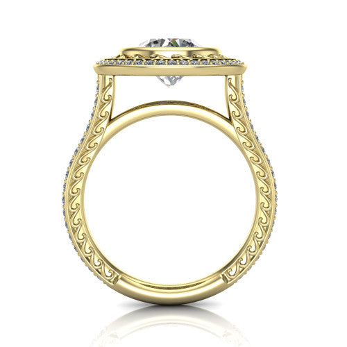 Aniyah round vintage halo engagement ring in 14K Yellow Gold, through-finger front profile showing the filigree gallery and halo head above the pav&eacute; band