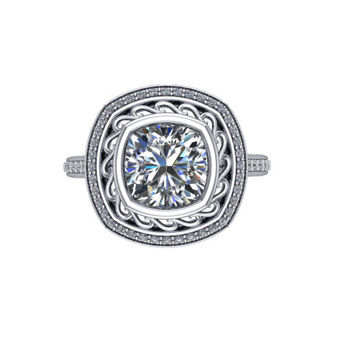 Aniyah cushion vintage halo engagement ring in 14K White Gold, top-down view showing the filigree scrollwork inside the pav&eacute; halo framing the cushion center
