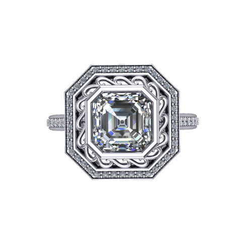 Aniyah square emerald vintage halo engagement ring in Platinum, top-down view showing the filigree scrollwork inside the pav&eacute; halo framing the square emerald center