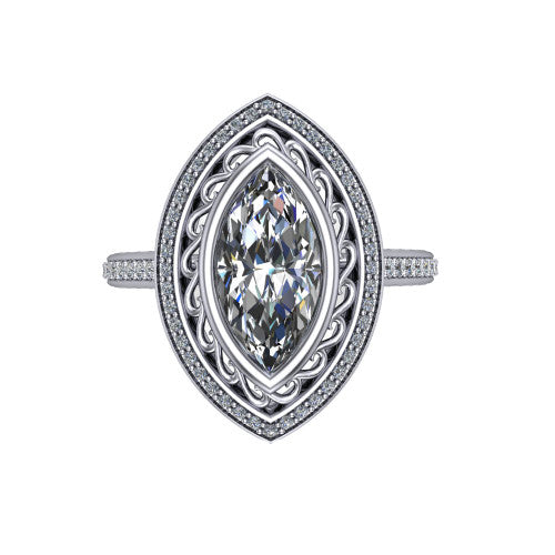 Aniyah marquise vintage halo engagement ring in 18K White Gold, top-down view showing the filigree scrollwork inside the pav&eacute; halo framing the marquise center