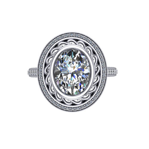 Aniyah oval vintage halo engagement ring in 14K White Gold, top-down view showing the filigree scrollwork inside the pav&eacute; halo framing the oval center