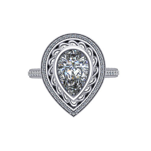 Aniyah pear vintage halo engagement ring in 18K White Gold, top-down view showing the filigree scrollwork inside the pav&eacute; halo framing the pear center