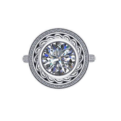 Aniyah round vintage halo engagement ring in 18K White Gold, top-down view showing the filigree scrollwork inside the pav&eacute; halo framing the round center