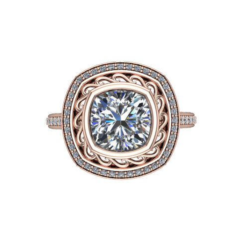 Aniyah cushion vintage halo engagement ring in 14K Rose Gold, top-down view showing the filigree scrollwork inside the pav&eacute; halo framing the cushion center