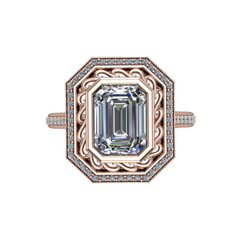 Aniyah emerald vintage halo engagement ring in 14K Rose Gold, top-down view showing the filigree scrollwork inside the pav&eacute; halo framing the emerald center