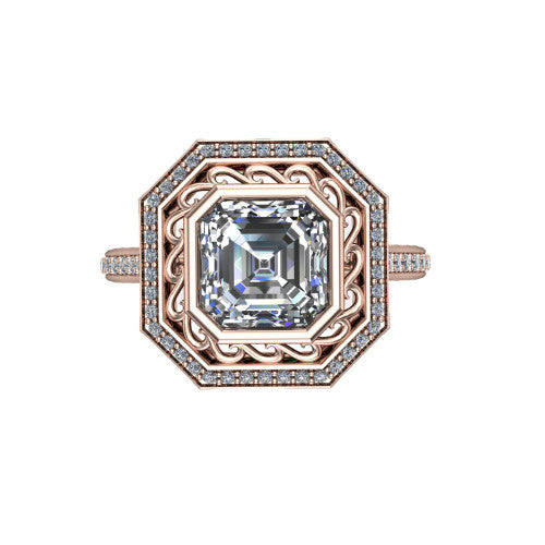 Aniyah square emerald vintage halo engagement ring in 14K Rose Gold, top-down view showing the filigree scrollwork inside the pav&eacute; halo framing the square emerald center
