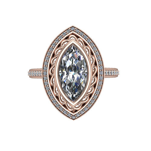 Aniyah marquise vintage halo engagement ring in 14K Rose Gold, top-down view showing the filigree scrollwork inside the pav&eacute; halo framing the marquise center