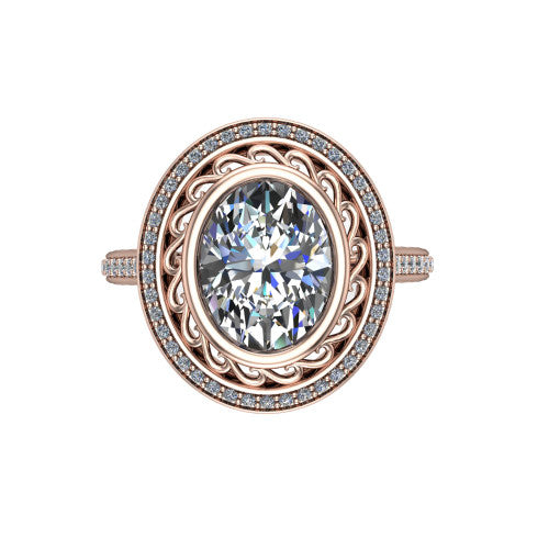 Aniyah oval vintage halo engagement ring in 14K Rose Gold, top-down view showing the filigree scrollwork inside the pav&eacute; halo framing the oval center