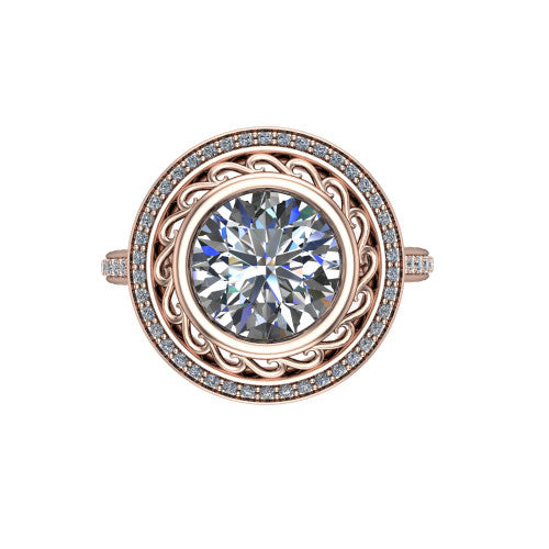 Aniyah round vintage halo engagement ring in 18K Rose Gold, top-down view showing the filigree scrollwork inside the pav&eacute; halo framing the round center