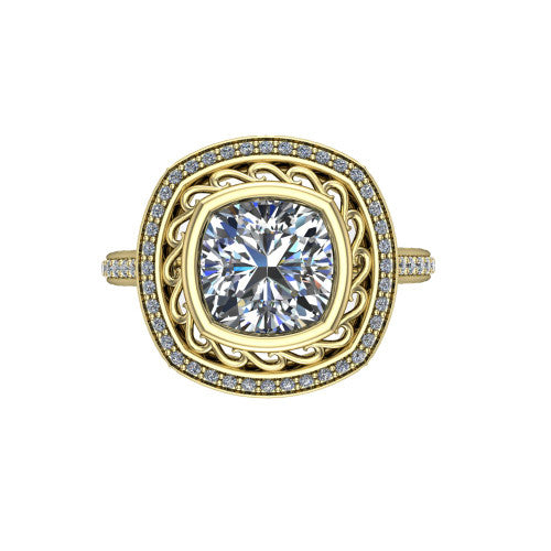 Aniyah cushion vintage halo engagement ring in 14K Yellow Gold, top-down view showing the filigree scrollwork inside the pav&eacute; halo framing the cushion center