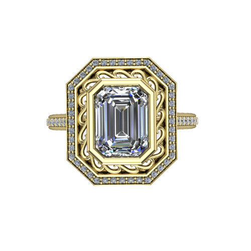 Aniyah emerald vintage halo engagement ring in 14K Yellow Gold, top-down view showing the filigree scrollwork inside the pav&eacute; halo framing the emerald center