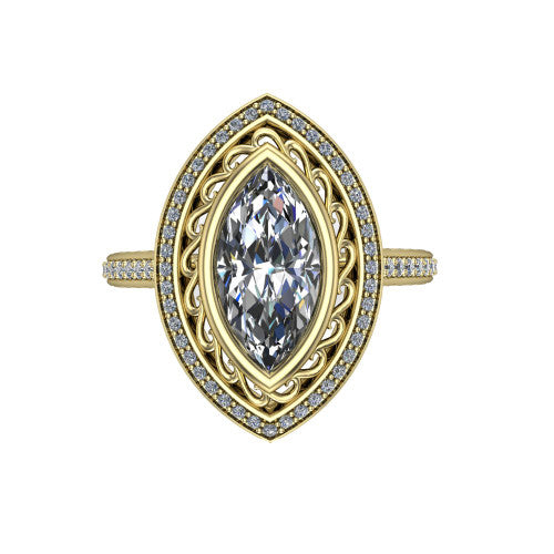 Aniyah marquise vintage halo engagement ring in 14K Yellow Gold, top-down view showing the filigree scrollwork inside the pav&eacute; halo framing the marquise center