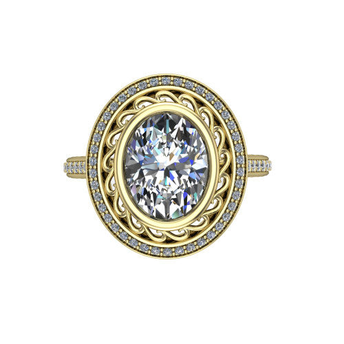 Aniyah oval vintage halo engagement ring in 18K Yellow Gold, top-down view showing the filigree scrollwork inside the pav&eacute; halo framing the oval center