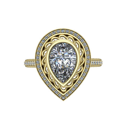 Aniyah pear vintage halo engagement ring in 14K Yellow Gold, top-down view showing the filigree scrollwork inside the pav&eacute; halo framing the pear center