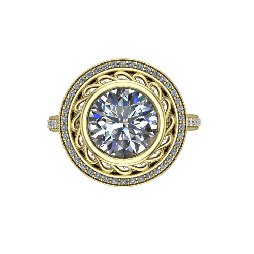 Aniyah round vintage halo engagement ring in 18K Yellow Gold, top-down view showing the filigree scrollwork inside the pav&eacute; halo framing the round center