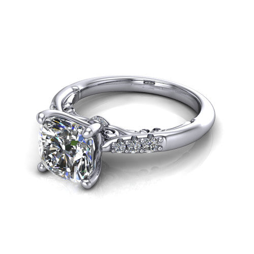 Jimena cushion solitaire engagement ring in 14K White Gold, three-quarter perspective showing the cushion center raised on claw prongs above pav&eacute; shoulders