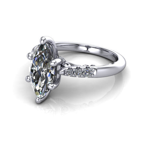 Jimena marquise solitaire engagement ring in 14K White Gold, three-quarter perspective showing the marquise center raised on claw prongs above pav&eacute; shoulders