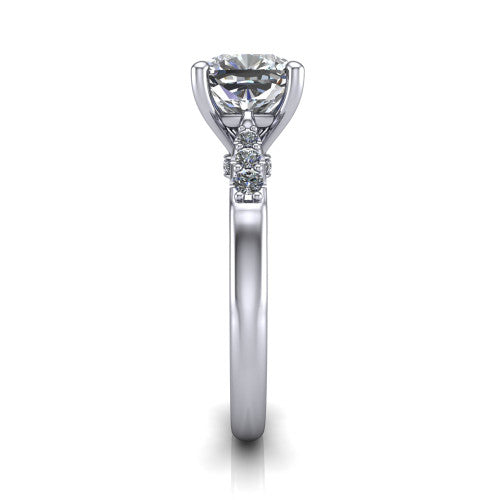 Jimena cushion solitaire engagement ring in 14K White Gold, side profile showing the pav&eacute; shoulders, filigree under-gallery, and tapered band