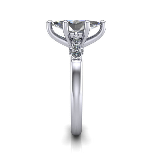 Jimena marquise solitaire engagement ring in Platinum, side profile showing the pav&eacute; shoulders, filigree under-gallery, and tapered band