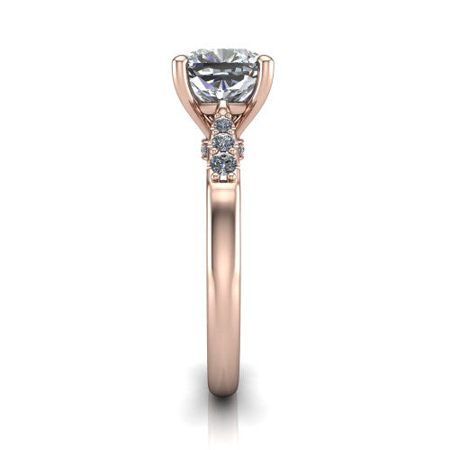 Jimena cushion solitaire engagement ring in 18K Rose Gold, side profile showing the pav&eacute; shoulders, filigree under-gallery, and tapered band
