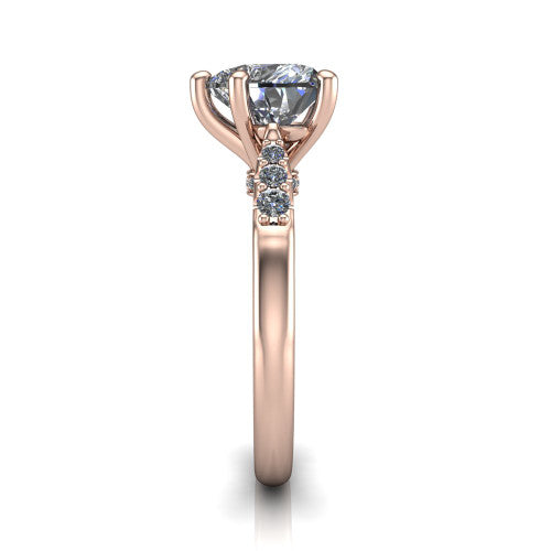 Jimena heart solitaire engagement ring in 18K Rose Gold, side profile showing the pav&eacute; shoulders, filigree under-gallery, and tapered band