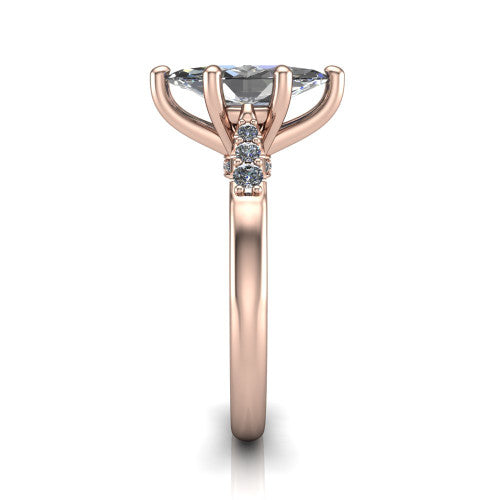 Jimena marquise solitaire engagement ring in 14K Rose Gold, side profile showing the pav&eacute; shoulders, filigree under-gallery, and tapered band