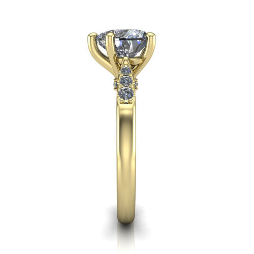 Jimena heart solitaire engagement ring in 18K Yellow Gold, side profile showing the pav&eacute; shoulders, filigree under-gallery, and tapered band