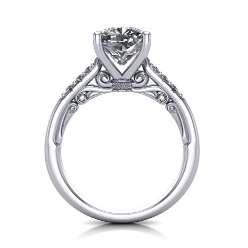 Jimena cushion solitaire engagement ring in 18K White Gold, through-finger front profile showing the filigree scroll gallery beneath the cushion center