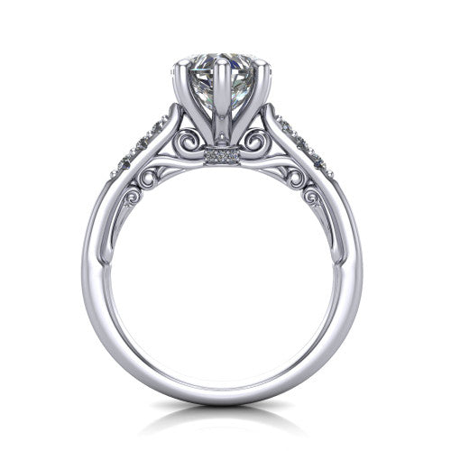 Jimena heart solitaire engagement ring in Platinum, through-finger front profile showing the filigree scroll gallery beneath the heart center