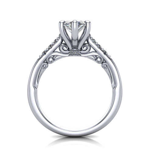 Jimena marquise solitaire engagement ring in Platinum, through-finger front profile showing the filigree scroll gallery beneath the marquise center