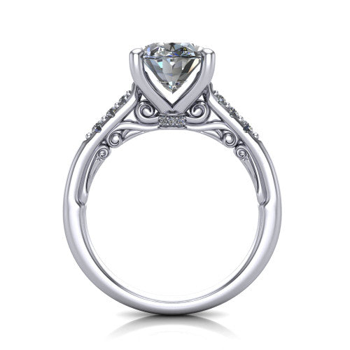 Jimena oval solitaire engagement ring in Platinum, through-finger front profile showing the filigree scroll gallery beneath the oval center