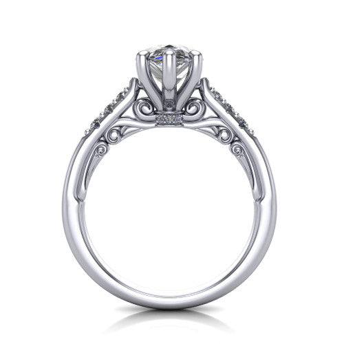 Jimena pear solitaire engagement ring in 18K White Gold, through-finger front profile showing the filigree scroll gallery beneath the pear center
