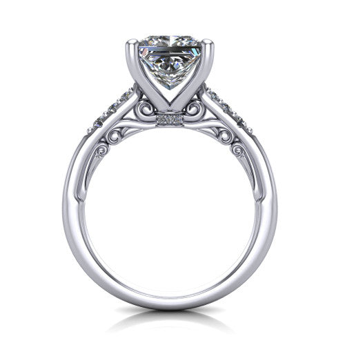 Jimena princess solitaire engagement ring in Platinum, through-finger front profile showing the filigree scroll gallery beneath the princess center