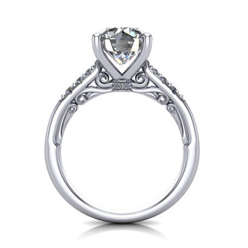 Jimena round solitaire engagement ring in 14K White Gold, through-finger front profile showing the filigree scroll gallery beneath the round center