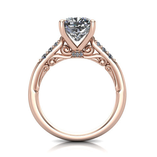 Jimena cushion solitaire engagement ring in 14K Rose Gold, through-finger front profile showing the filigree scroll gallery beneath the cushion center
