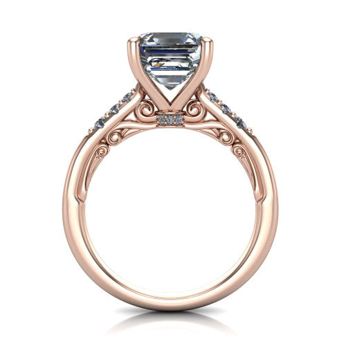 Jimena square emerald solitaire engagement ring in 14K Rose Gold, through-finger front profile showing the filigree scroll gallery beneath the square emerald center