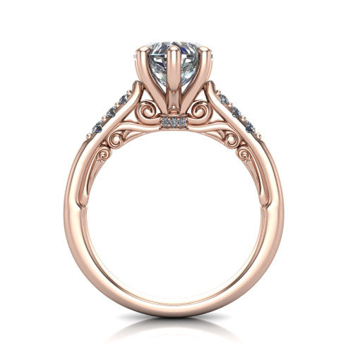Jimena heart solitaire engagement ring in 18K Rose Gold, through-finger front profile showing the filigree scroll gallery beneath the heart center