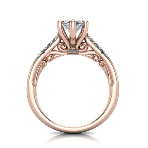 Jimena marquise solitaire engagement ring in 14K Rose Gold, through-finger front profile showing the filigree scroll gallery beneath the marquise center
