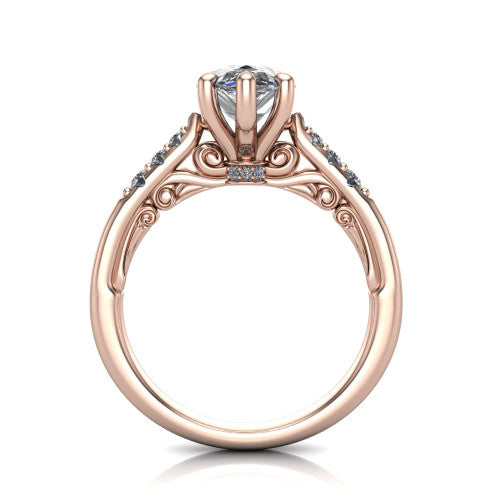 Jimena pear solitaire engagement ring in 14K Rose Gold, through-finger front profile showing the filigree scroll gallery beneath the pear center